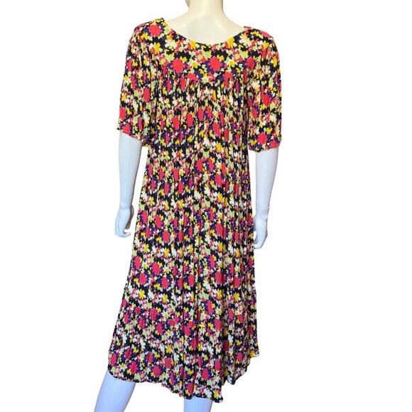 Go Softly Patio Floral Midi Dress w/ Ruffled Hem & Short Sleeves 100% Rayon Sz L - Picture 2 of 6